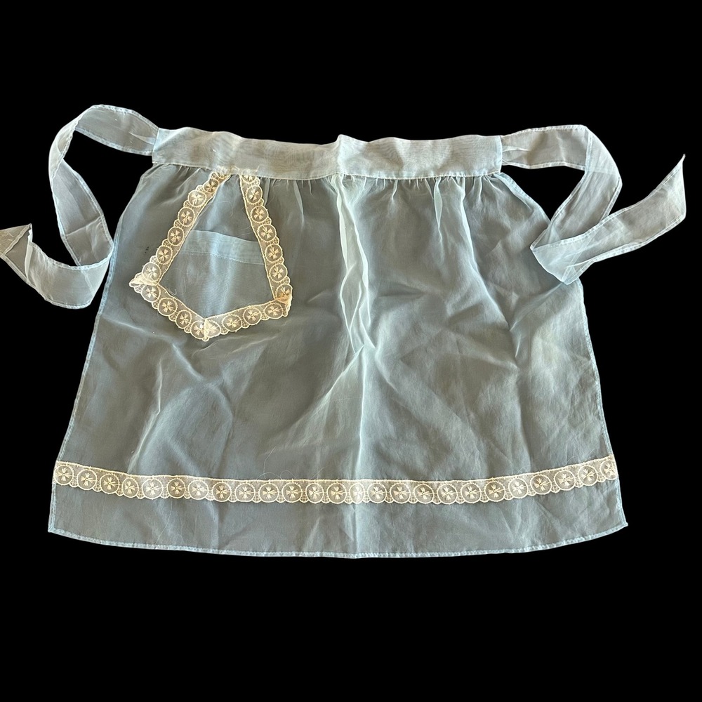 Vintage Sheer Blue Half Apron White Lace Trim Front Pocket MCM Retro Cottagecore